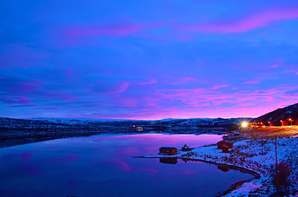 Twilight sky over Porsangerfjord, view from Rivdnji Holiday Home Smørfjord